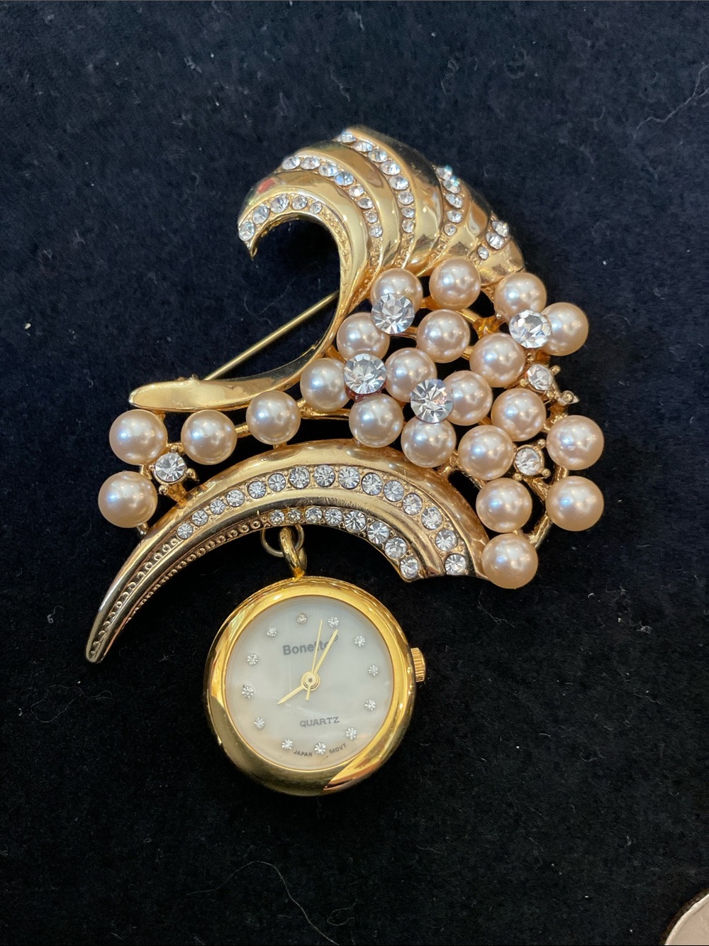 Gold Pearl and Crystal Brooch with Pendant Watch